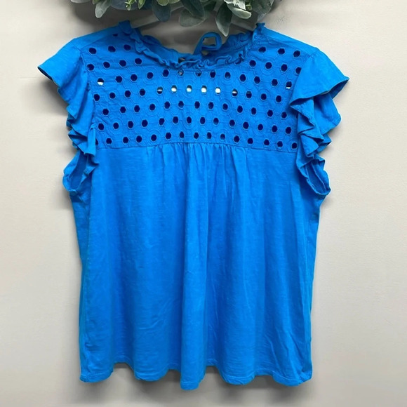 Loft Outlet Flutter Sleeve Eyelet Tie Back Blue Top M - Picture 1 of 12